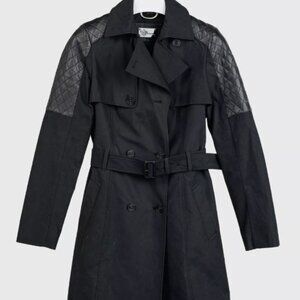 Mackage Black Cotton Quilted-Leather-Trim Belted Trench Coat